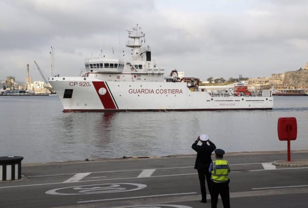 The Italian coastguard ship 'Bruno Gregoretti', carrying dead immigrants on board, arrives in Senglea, in Valletta's Grand, Harbour, April 20, 2015. REUTERS/Darrin Zammit Lupi