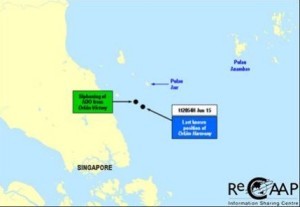 Approximate location of Orkim Victory (left, green) and Orkim Harmony (right, blue) attacks off Malaysia. 