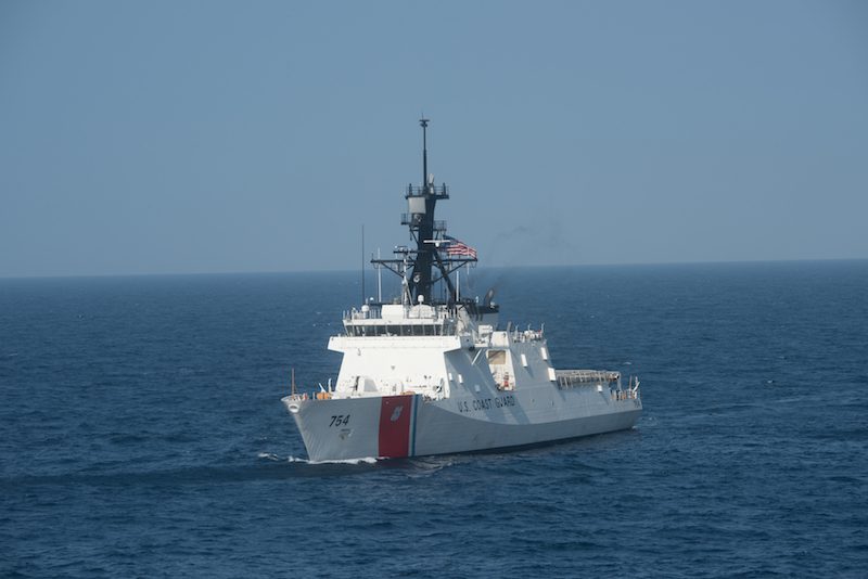The Coast Guard’s latest 418-foot National Security Cutter, James (WSML 754), is underway in the Atlantic Ocean, Thursday, July 30, 2015. The James is the fifth of eight planned National Security Cutters – the largest and most technologically advanced class of cutters in the Coast Guard’s fleet. The cutters’ design provides better sea-keeping, higher sustained transit speeds, greater endurance and range, and the ability to launch and recover small boats from astern, as well as aviation support facilities and a flight deck for helicopters and unmanned aerial vehicles. (U.S. Coast Guard photo by Auxiliarist David Lau)