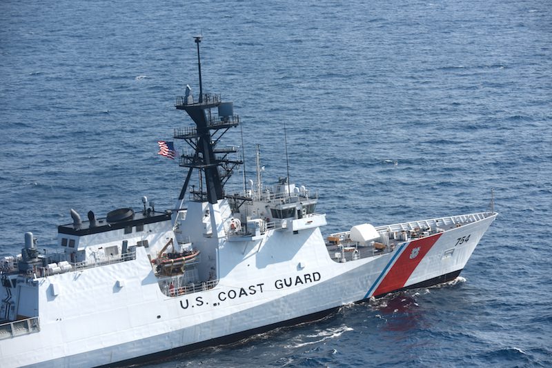 The Coast Guard’s latest 418-foot National Security Cutter, James (WSML 754), is underway in the Atlantic Ocean, Thursday, July 30, 2015. The James is the fifth of eight planned National Security Cutters – the largest and most technologically advanced class of cutters in the Coast Guard’s fleet. The cutters’ design provides better sea-keeping, higher sustained transit speeds, greater endurance and range, and the ability to launch and recover small boats from astern, as well as aviation support facilities and a flight deck for helicopters and unmanned aerial vehicles. (U.S. Coast Guard photo by Auxiliarist David Lau)