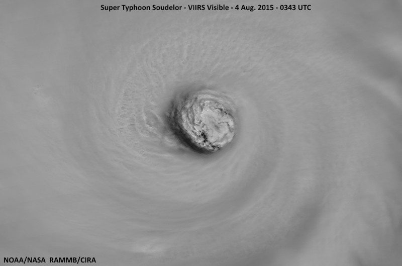 A close-up of the eye of Super Typhoon Soudelor is seen in a NOAA satellite image taken in the Western Pacific Ocean at 23:43 ET (03:43 GMT) August 4, 2015.