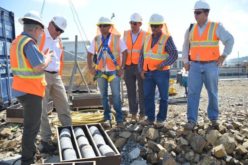 Experts from the Technological University of Panama inspect core samples taken from the Cocoli Locks. Photo: ACP