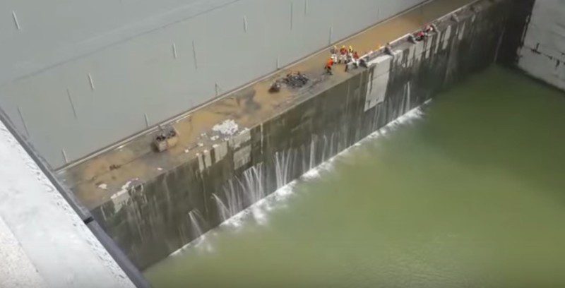 Water seeps through concrete in one of the chambers of the Cocoli Locks in the Panama Canal. 