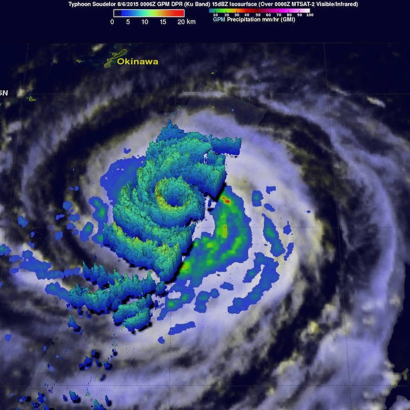 On August 6 at 0006 UTC, GPM saw Typhoon Soudelor's heaviest rain a rate of close to 70 mm (2.4 inches) per hour in a strong thunderstorm band southwest of the center. Credits: NASA/JAXA, Hal Pierce
