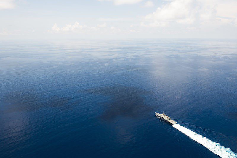 150511-N-VO234-613 SOUTH CHINA SEA (May 11, 2015) The littoral combat ship USS Fort Worth (LCS 3) conducts patrols in international waters of the South China Sea near the Spratly Islands. (U.S. Navy photo by Mass Communication Specialist 2nd Class Conor Minto/Released)