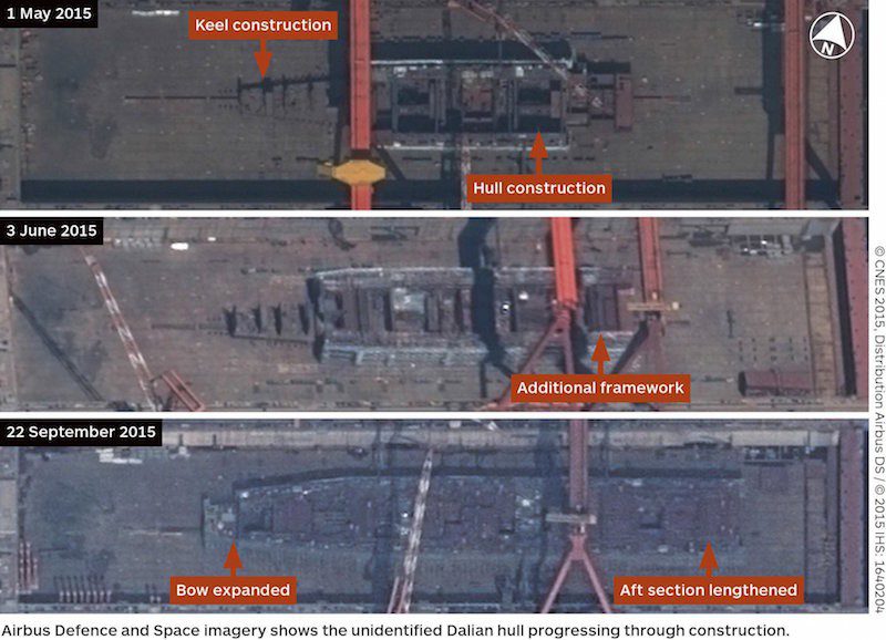Satellite imagery released by IHS Jane's on October 1, 2015 showing the building of China's first aircraft carrier at a Dalian shipyard in northern China. REUTERS/ ¬©CNES 2015, Distribution Airbus DS / ¬©2015 IHS