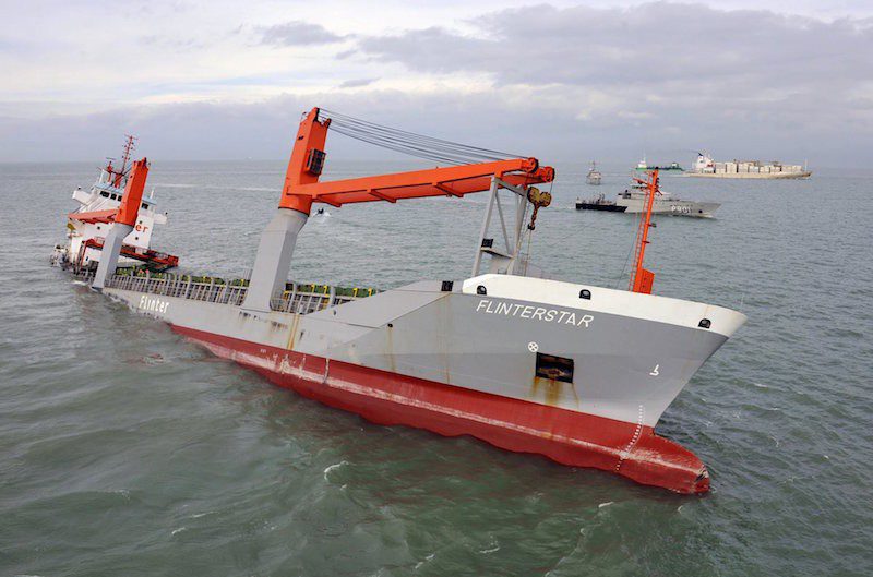 Dutch freighter Flinterstar is seen sinking after colliding with Marshall Island-flagged tanker Al-Oraiq, which also suffered damage in the collision, in the North Sea off the Belgian coast October 6, 2015. REUTERS/Benny Proot