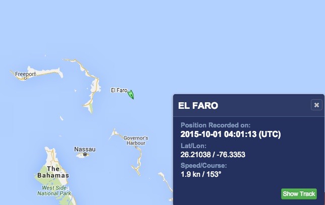 Last known position transmitted by El Faro according to MarineTraffic.com.