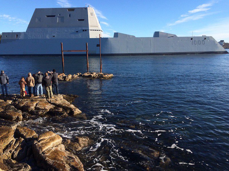 151207-N-ZZ999-001 KENNEBEC RIVER (Dec. 7, 2015) The future USS Zumwalt (DDG 1000) is underway for the first time conducting at-sea tests and trials on the Kennebeck River. The multimission ship will provide independent forward presence and deterrence, support special operations forces, and operate as an integral part of joint and combined expeditionary forces. (U.S. Navy photo /Released)