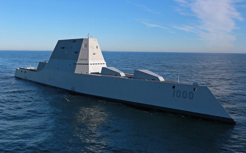 The future USS Zumwalt (DDG 1000) is underway for the first time conducting at-sea tests and trials in the Atlantic Ocean Dec. 7, 2015. U.S. Navy Photo