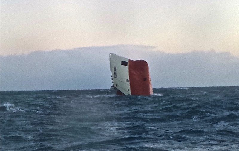 A photo of the upturned hull of the MV Cemfjord taken from a Wick RNLI lifeboat. Photo courtesy RNLI