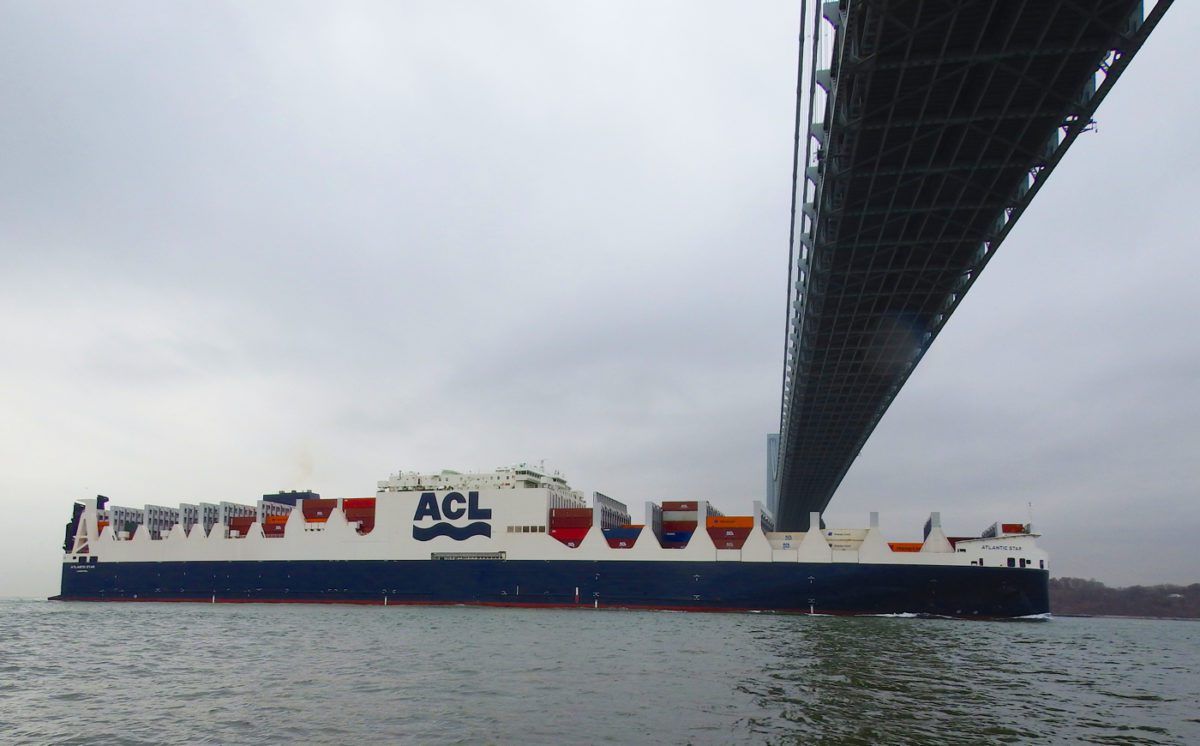 ACL Atlantic Star transiting under the Verrazano Narrows Bridge into New York Harbor