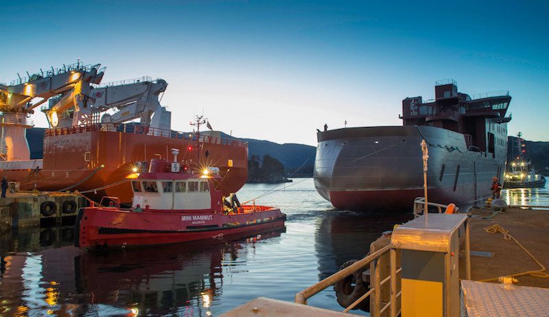 The first of two ULSTEIN SX175 offshore wind service operation vessels arrives at Ulstein Verft in Ulsteinvik, January 3, 2016. Photo: Don Johansson/Ulstein