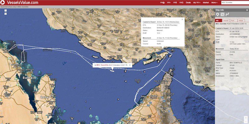 MSC Domitille sails towards Iran, December 30, 2015. Image: Vesselvalue.com