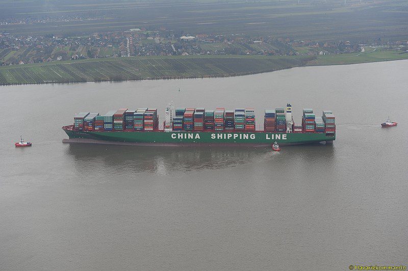 CSCL Indian Ocean aground in the Elbe River, February 4, 2016. Photo credit: CCME