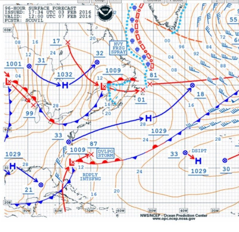 NOAA OPC 96 Hour Surface Forecast for Sunday morning 7 Feb 2016