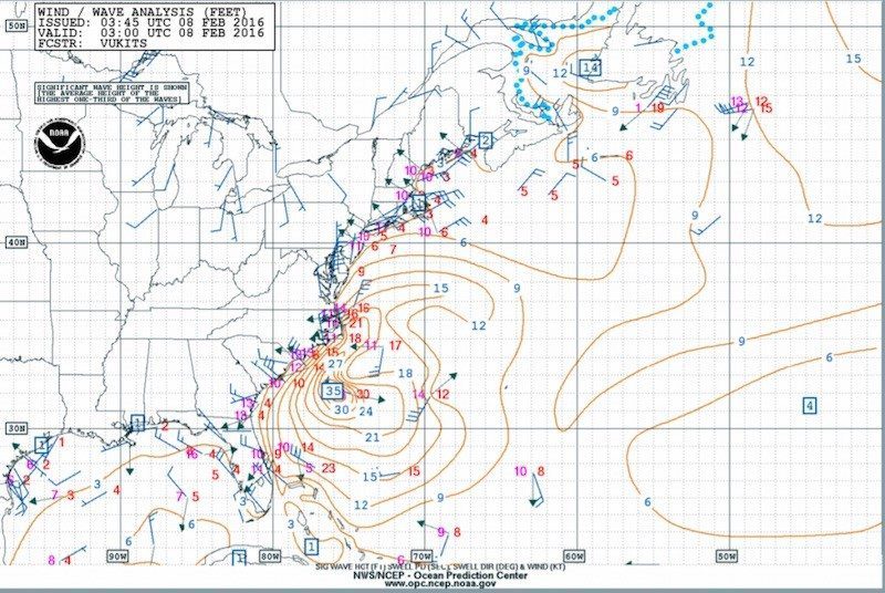 NOAA Wind and Wave Analysis 10PM Sunday 7 Feb 2016