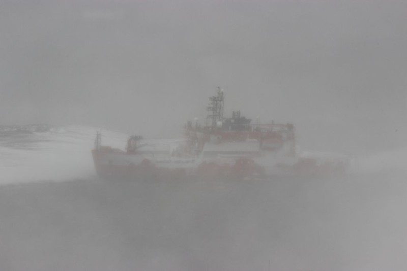 The Australian icebreaker Aurora Australis aground at West Arm in Horseshoe Harbour, near the Mawson station in Antarctica. Photo credit: Australian Antarctic Division