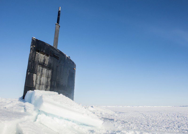 USS Hampton (SSN 757) surfaces through the Arctic ice during Ice Exercise (ICEX) 2016. ICEX 2016 is a five-week exercise designed to research, test, and evaluate operational capabilities in the region. ICEX 2016 allows the U.S. Navy to assess operational readiness in the Arctic, increase experience in the region, advance understanding of the Arctic Environment, and develop partnerships and collaborative efforts. (U.S. Navy photo by Mass Communication Specialist 2nd Class Tyler Thompson)