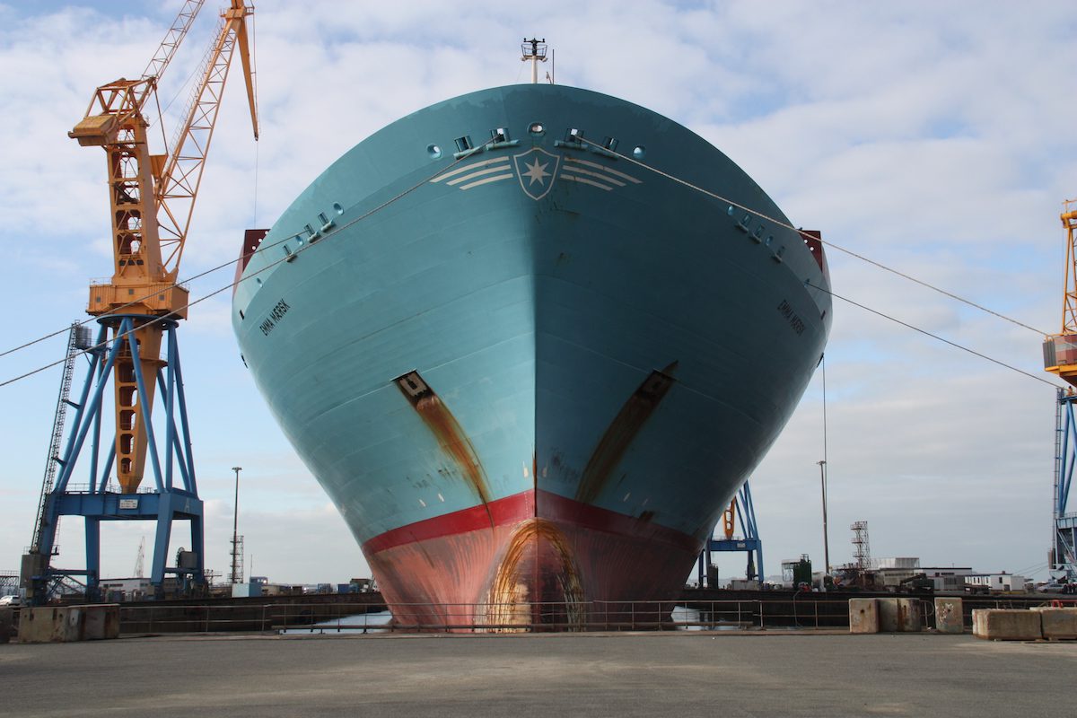 Ship Photos of the Day – Emma Maersk Departs Damen Shiprepair Brest