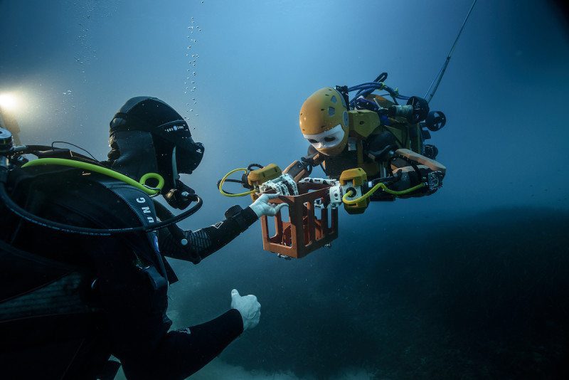 Khatib designed OceanOne with joint operations with human divers in mind. The ability to easily hand objects from robot to human is a defining feature of OceanOne.