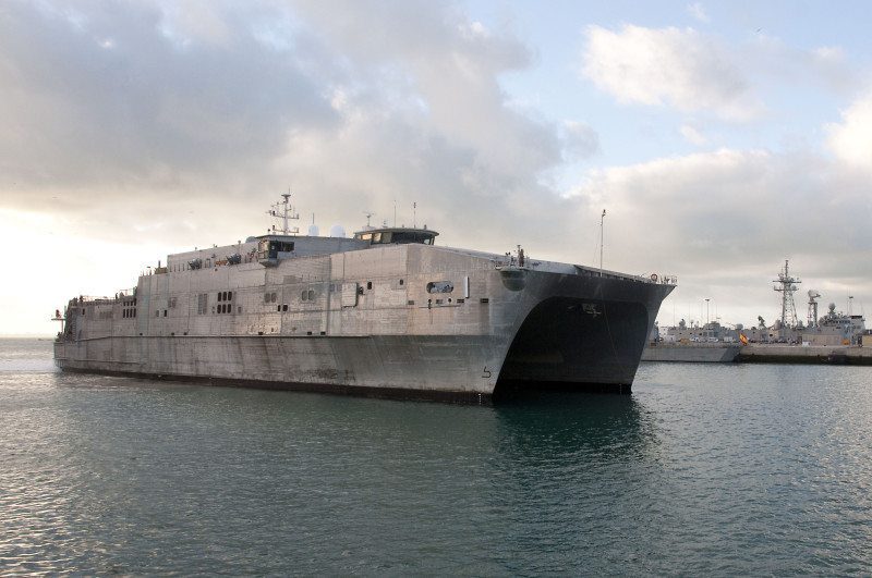 160108-N-MW990-003 NAVAL STATION ROTA, Spain (Jan. 8, 2016) – USNS Spearhead (T-EPF 1) prepares to dock at Naval Station Rota, Spain Jan. 8, 2016. Spearhead, a Military Sealift Command expeditionary fast transport vessel, is on a scheduled deployment to the U.S. 6th Fleet area of operations to support the international collaborative capacity-building program Africa Partnership Station. (U.S. Navy photo by Mass Communication Specialist 3rd Class Michaela Garrison/Released)