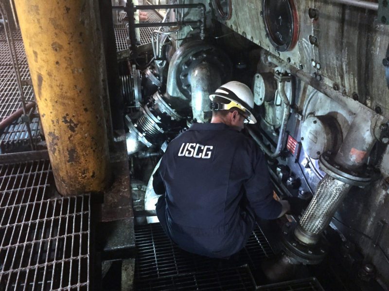 Lt. Gordon Gertiser, a marine inspector with U.S. Coast Guard Sector Sault Ste. Marie, inspects the engine room for possible damage aboard the motor vessel Roger Blough, May 30, 2016, in Lake Superior. U.S. Coast Guard Photo