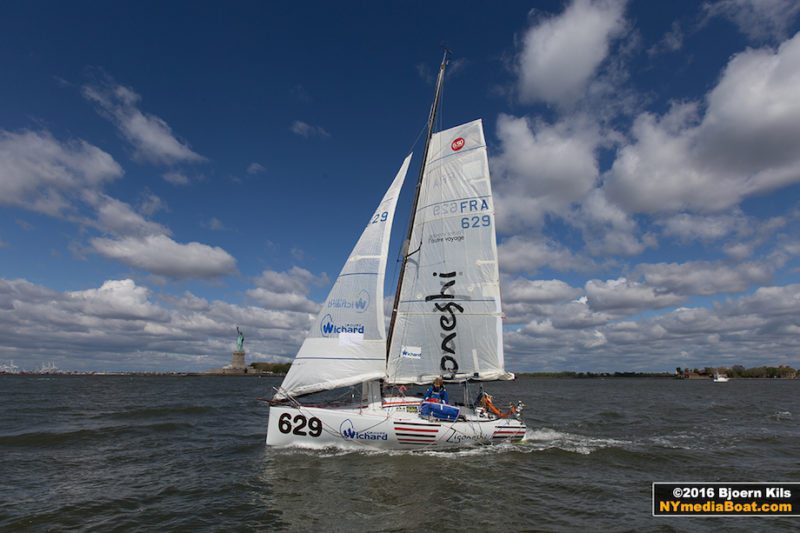 Olivieri Jehl in New York Harbor on board his 6.5 Mini. Credit: