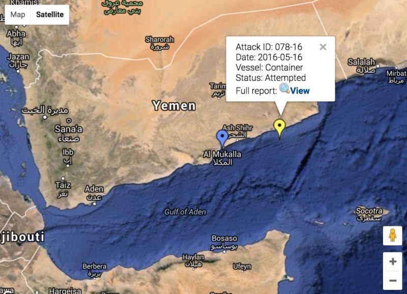 IMB Piracy Reporting Centre's Live Piracy May showing piracy incidents in the Gulf of Aden in 2016, with Monday's attack highlighted. Credit: IMB