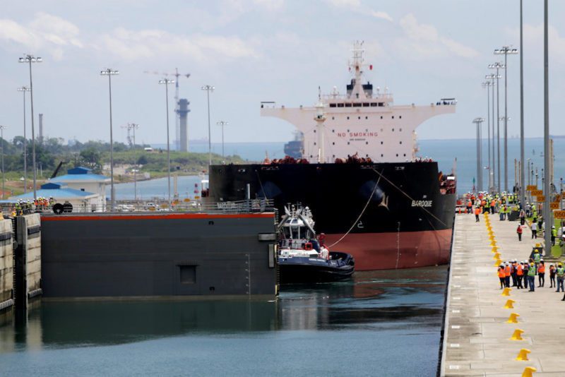 The first trial run with a Post-Panamax cargo ship in the new sets of locks on the Atlantic side of the Panama Canal, in Panama City, Panama June 9, 2016. REUTERS/Carlos Jasso