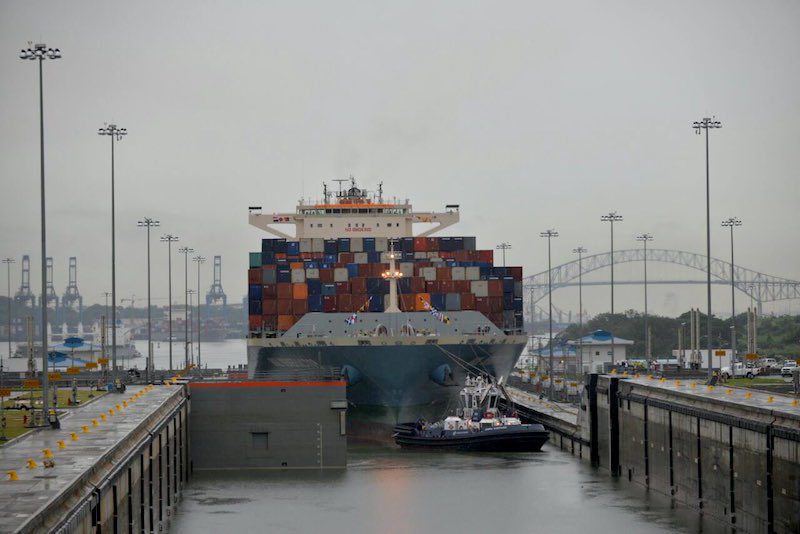 MOL Benefactor transits the expanded Panama Canal, July 1, 2016. Photo: Panama Canal Authority