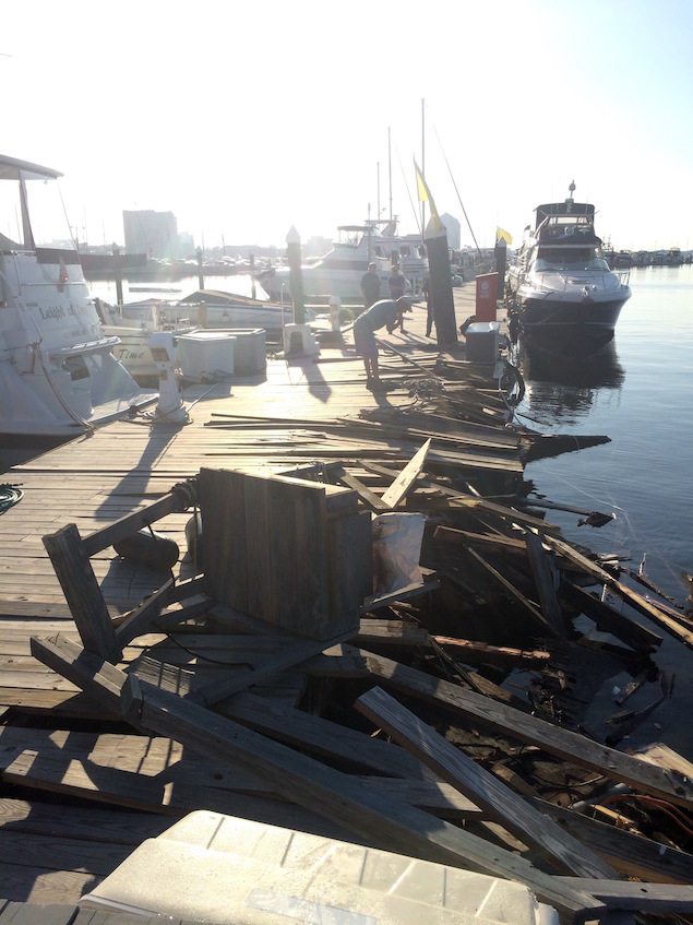 Damage sustained to the pier after the passenger vessel Spirit of Baltimore allided with the pier Sunday, Aug. 28, 2016. U.S Coast Guard photo by Chief Warrant Officer Tom Davan