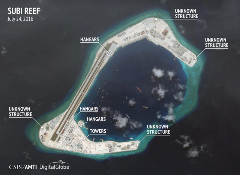 Construction are seen on Subi Reef in the Spratly islands, in the disputed South China Sea in this July 24, 2016 satellite image released by the Asian Maritime Transparency Initiative at Center for Strategic and International Studies (CSIS) to Reuters on August 9, 2016. CSIS Asia Maritime Transparency Initiative/DigitalGlobe/Handout via REUTERS ATTENTION EDITORS - THIS IMAGE WAS PROVIDED BY A THIRD PARTY. REUTERS IS UNABLE TO INDEPENDENTLY VERIFY THE AUTHENTICITY, CONTENT, LOCATION OR DATE OF THIS IMAGE. FOR EDITORIAL USE ONLY. NOT FOR SALE FOR MARKETING OR ADVERTISING CAMPAIGNS. NO COMMERCIAL OR BOOK SALES. MANDATORY CREDIT. NO RESALES. NO ARCHIVES.