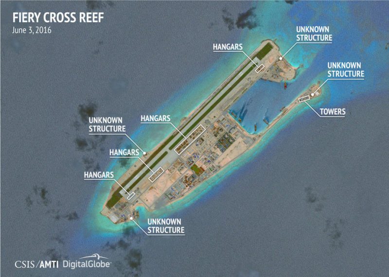 Construction are seen on Fiery Cross Reef in the Spratly islands, in the disputed South China Sea in this June 3, 2016 satellite image released by the Asian Maritime Transparency Initiative at the Center for Strategic and International Studies (CSIS) to Reuters on August 9, 2016. CSIS Asia Maritime Transparency Initiative/DigitalGlobe/Handout via REUTERS ATTENTION EDITORS - THIS IMAGE WAS PROVIDED BY A THIRD PARTY. REUTERS IS UNABLE TO INDEPENDENTLY VERIFY THE AUTHENTICITY, CONTENT, LOCATION OR DATE OF THIS IMAGE. FOR EDITORIAL USE ONLY. NOT FOR SALE FOR MARKETING OR ADVERTISING CAMPAIGNS. NO COMMERCIAL OR BOOK SALES. MANDATORY CREDIT. NO RESALES. NO ARCHIVES.