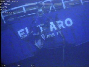 stern of the El Faro as seen from underwater ROV