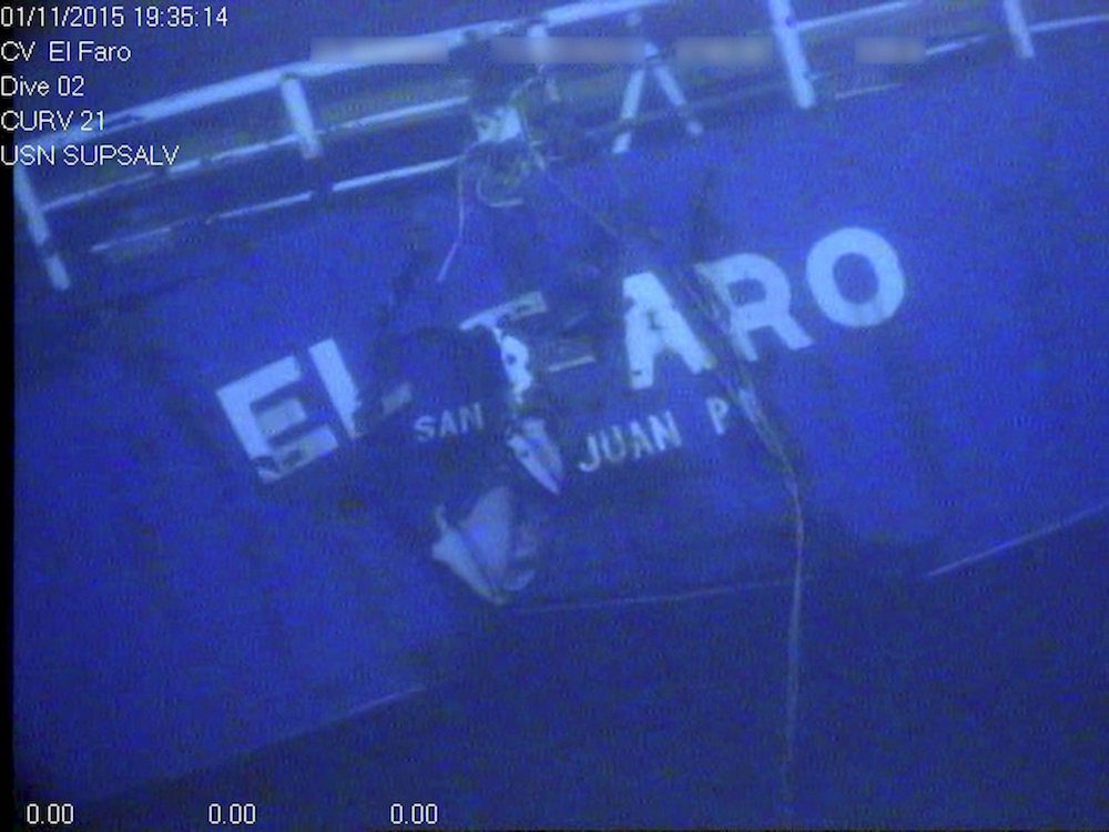stern of the El Faro as seen from underwater ROV