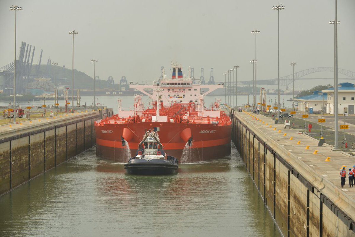 Crude Oil Tanker MT Aegean Unity Transiting New Panama Canal Locks