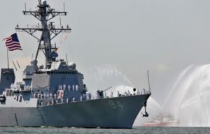 USS Nitze is greeted by spray of fireboat to kick off Fleet Week in New York Harbor
