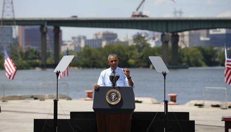 U.S. President Barack Obama speaks about transportation infrastructure during a visit to the Port of Wilmington in Wilmington, Delaware, U.S. on July 17, 2014. TO MOVE WITH SPECIAL REPORT USA-DELAWARE/BULLOCK REUTERS/Kevin Lamarque/File Photo