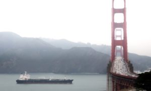 Oil Tanker Ship Passes Under San Francisco's Golden Gate Bridge
