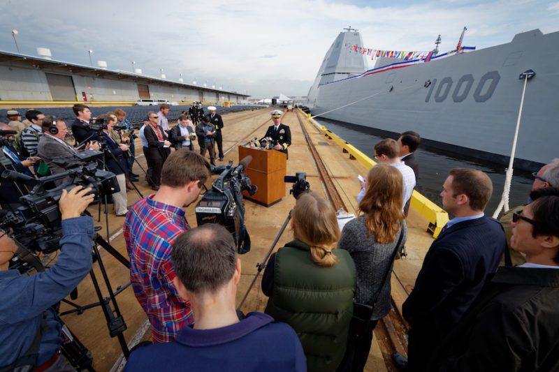 161013-N-NW961-011 BALTIMORE (Oct. 13, 2016) Capt. James A. Kirk, commanding officer of future USS Zumwalt (DDG 1000) answers questions from the media during a media tour of the Zumwalt-class guided missile destroyer, which will be commissioned Oct. 15 during Maryland Fleet Week and Air Show Baltimore. Fleet week offers the public an opportunity to meet Sailors, Marines, and members of the Coast Guard and gain a better understanding of how the sea services support the national defense of the United States and freedom of the seas. (U.S. Navy photo by Chief Michael O'Day/Released)