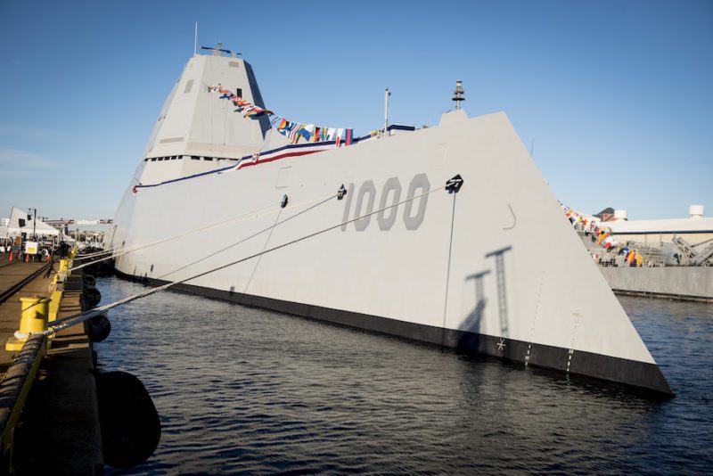 The Navy's newest and most technologically advanced warship, USS Zumwalt (DDG 1000), is moored to the pier during a commissioning ceremony at North Locust Point in Baltimore. U.S. Navy Photo