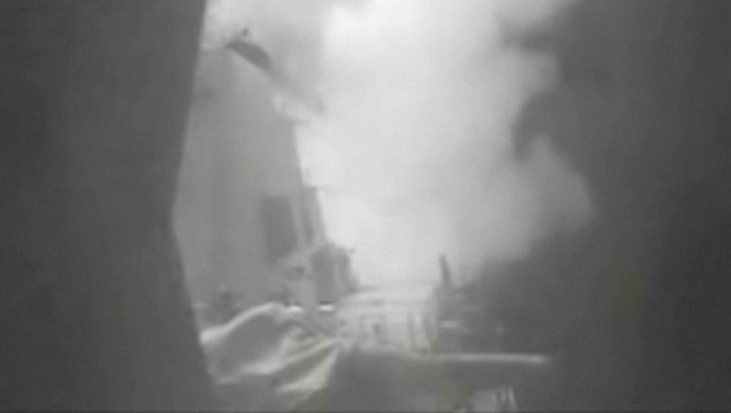A still image from video released October 13, 2016 shows U.S. military launching cruise missile strikes from U.S. Navy destroyer USS Nitze to knock out three coastal radar sites in areas of Yemen controlled by Houthi forces. REUTERS/DIVIDS via Reuters TV ATTENTION EDITORS - THIS IMAGE WAS PROVIDED BY A THIRD PARTY. EDITORIAL USE ONLY. THIS PICTURE WAS PROCESSED BY REUTERS TO ENHANCE QUALITY. AN UNPROCESSED VERSION HAS BEEN PROVIDED SEPARATELY.