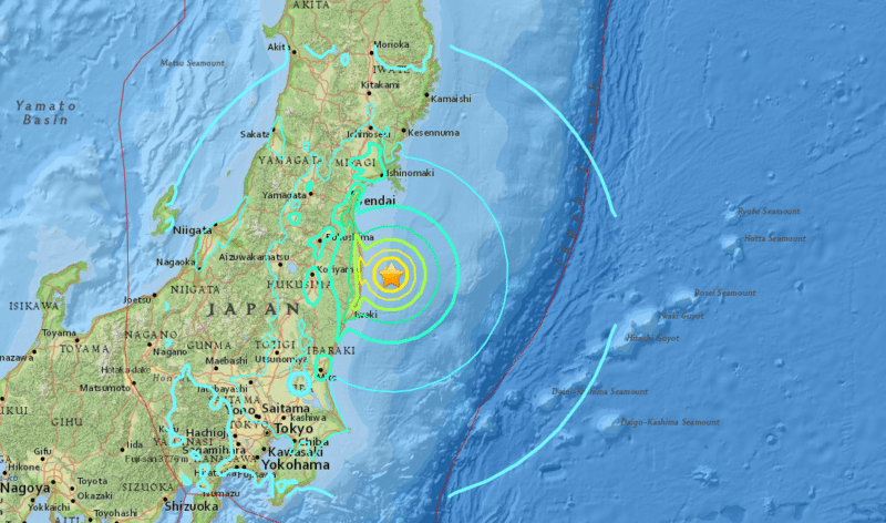 USGS map showing M6.9 earthquake approximately 37km ESE of Namie, Japan.
