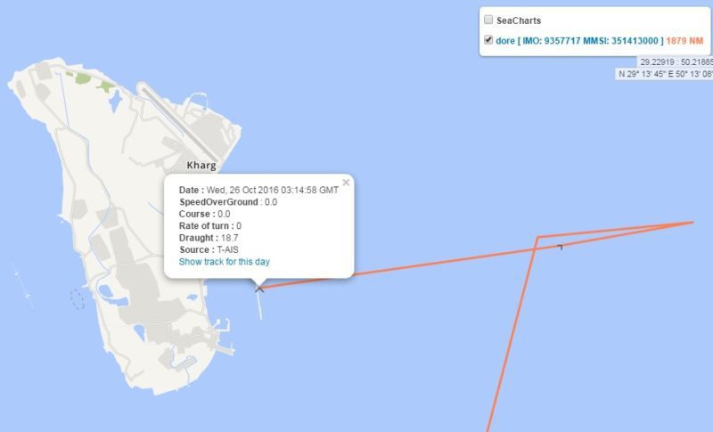 Genscape Vesseltracker shows "Dore" departed Khrag, Iran, on October 26 bound for India. 