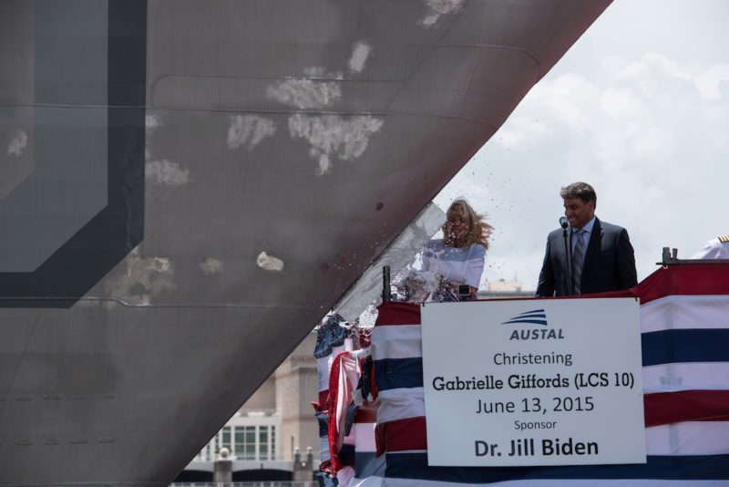 150613-O-ZZ999-601 MOBILE, Ala. (June 13, 2015) Dr. Jill Biden christens the future littoral combat ship USS Gabrielle Giffords (LCS 10) at Austal USA in Mobile, Ala. It is 16th U.S. naval ship to be named for a woman and only the 13th since 1850 to be named for a living person. (Photo courtesy Austal USA/Released)