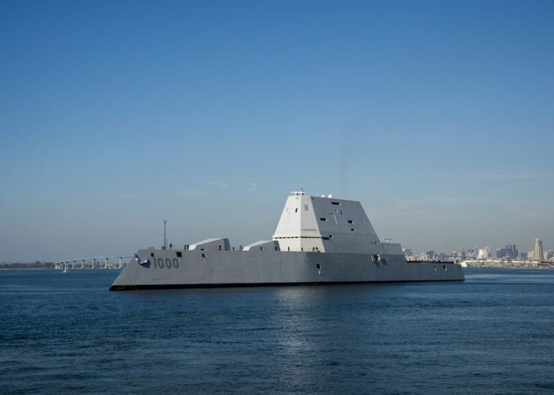 161208-N-MB306-079 SAN DIEGO (Dec. 8, 2016) The Navy's most technologically advanced surface ship, USS Zumwalt (DDG 1000), steams through San Diego Bay after the final leg of her three-month journey en route to her new homeport in San Diego. Zumwalt will now begin installation of combat systems, testing and evaluation and operation integration with the fleet. (U.S. Navy photo by Petty Officer 2nd Class Zachary Bell/Released)