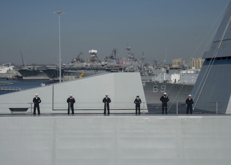 SAN DIEGO (Dec. 8, 2016) — The Navy's most technologically advanced surface ship, USS Zumwalt (DDG 1000), steams through San Diego Bay after the final leg of her three-month journey en route to her new homeport in San Diego. Zumwalt will now begin installation of combat systems, testing and evaluation and operation integration with the fleet. (U.S. Navy Photo by Petty Officer 2nd Class Zachary Bell/Released)