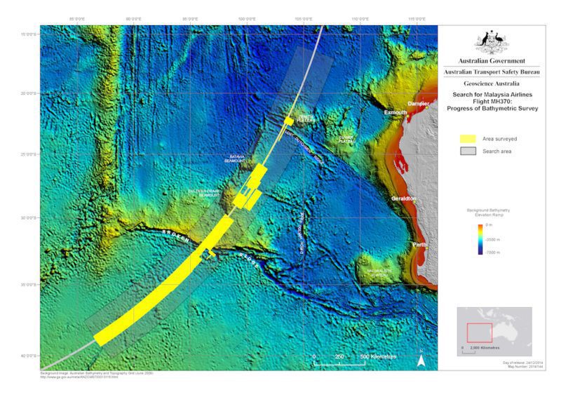 ATSB map showing the current MH370 search area along the 7th arc. 