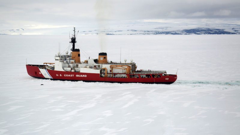 The Coast Guard Cutter Polar Star, the Coast Guard’s only operational heavy icebreaker capable of conducting Antarctic ice operations, carves a channel in Antarctic ice near the coast of Ross Island, Jan. 16, 2017. The cutter is an integral part of the yearly operation to resupply the National Science Foundation’s McMurdo Station. (U.S. Coast Guard photo by Chief Petty Officer David Mosley)
